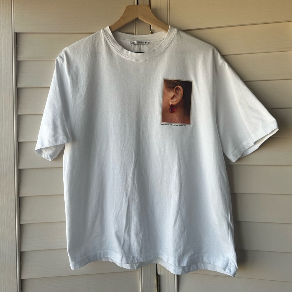 Zara White Graphic Beaded Tee
